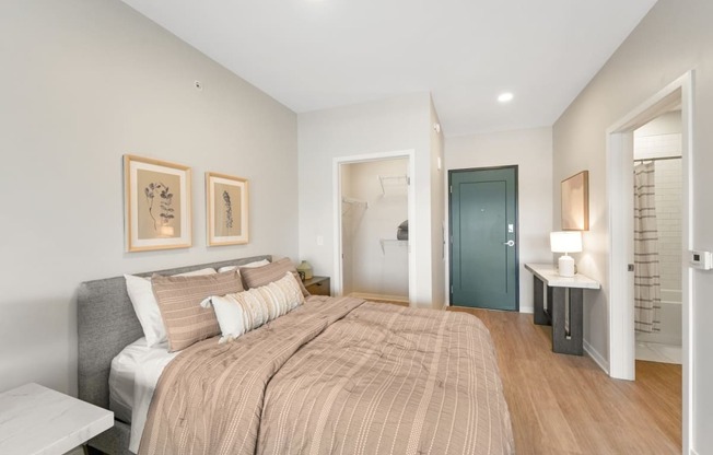 a bedroom with a large bed and a closet