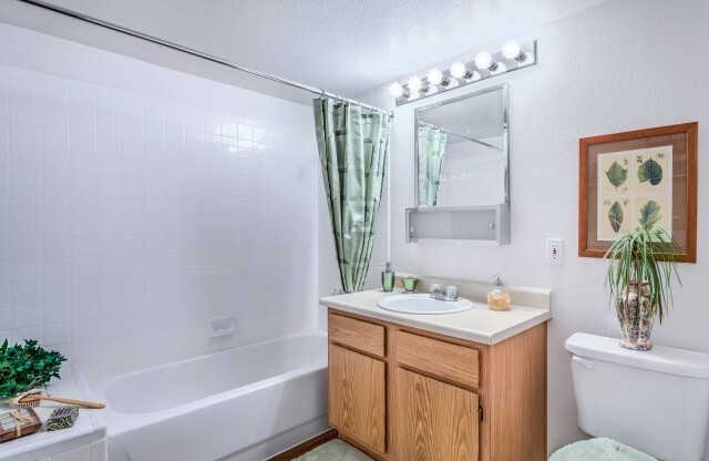 Las Vegas Apartments-Portola Del Sol Apartments Bathroom Mirror With Vanity Lighting And Tub With Square Tile