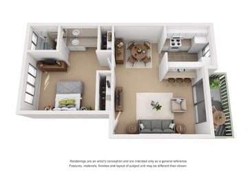 1 bed 1 bath floorplan A at Pacific Oaks Apartments, Towbes, Goleta