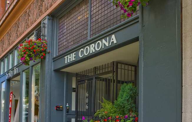 a building with a sign that reads the corona on it