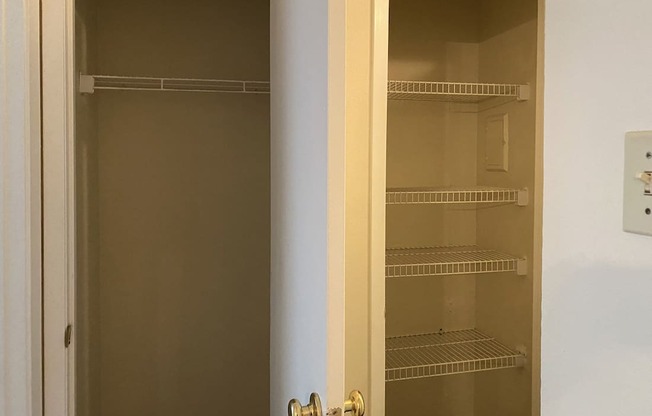 closet and linen closet with built-in wire shelving 