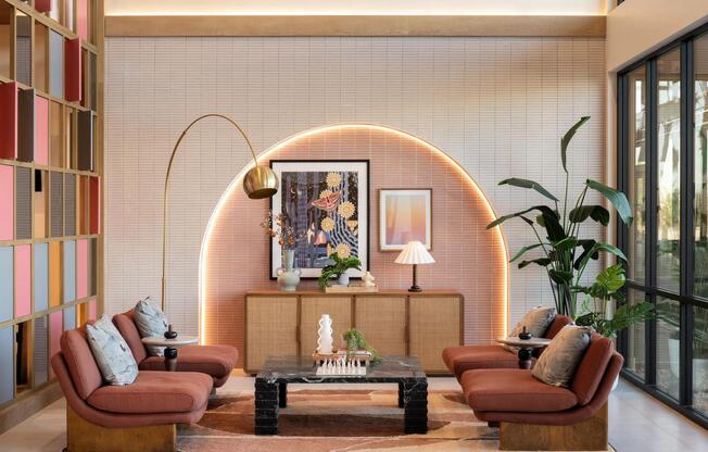 Layered textures, desert-inspired hues, and inviting seating—curated spaces to gather at Modera Rio Salado.