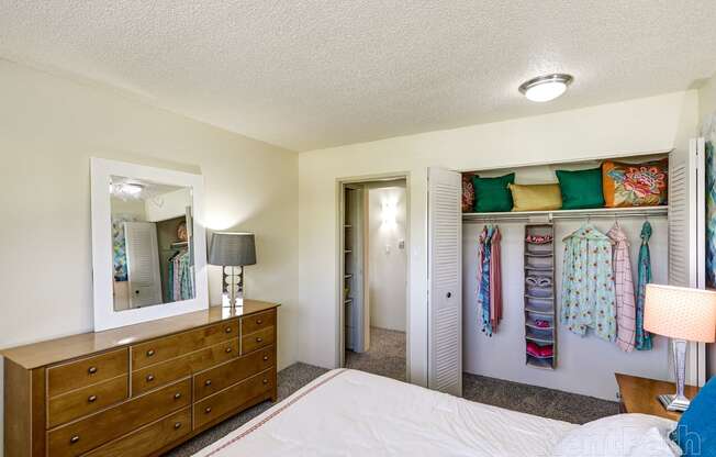 a bedroom with a bed and a dresser and a closet with ties