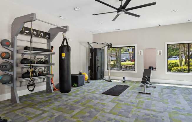 Fitness center with a punching bag and other equipment