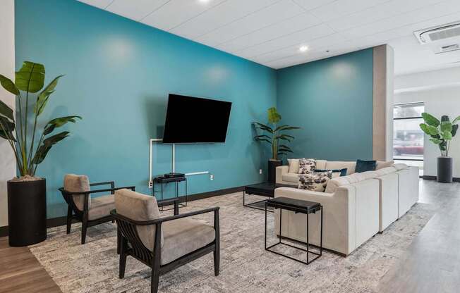 A Lounge space with a blue wall and a flat screen TV.