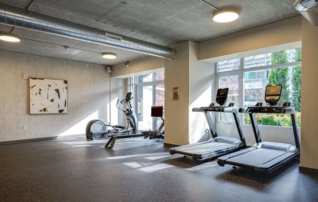 A gym with treadmills and exercise bikes.