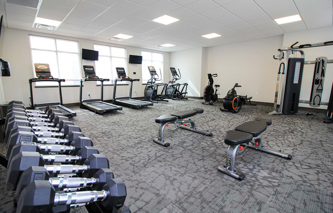 A gym with a variety of equipment including treadmills, dumbbells, and weight machines.