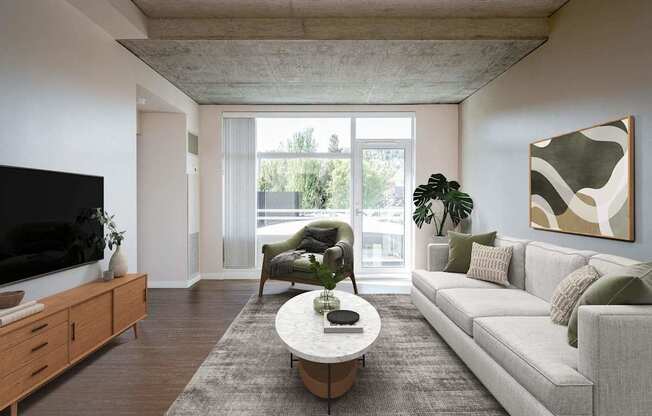 a living room with a white couch and a coffee table and a large window