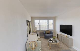 living area with sofa, coffee table, credenza, plush carpeting, and large windows at jetu apartments in washington dc