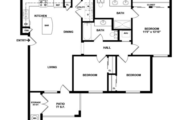 3 beds, 2 baths, 1,075 sqft, $1,136