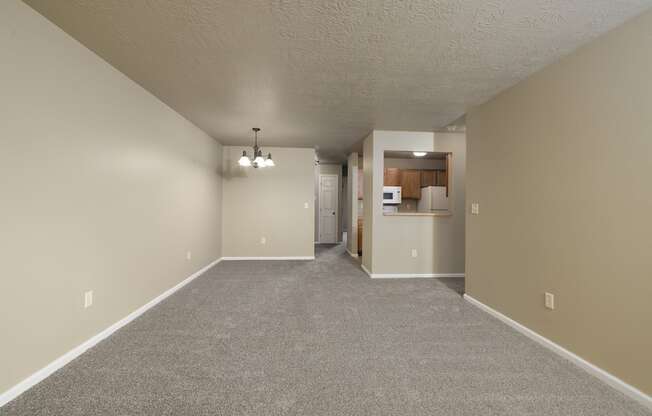 A spacious room with a carpeted floor and a kitchenette in the background.