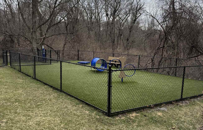 A black fence encloses a green net and a blue object.