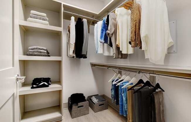 a walk in closet with a rack of clothes and shelves