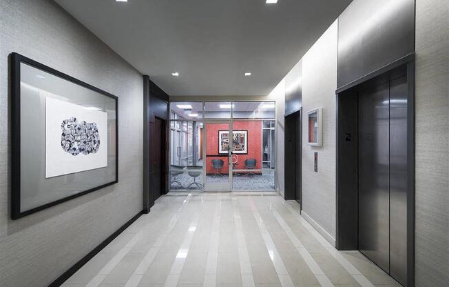 Elevator waiting area between our business and fitness center at Trillium Apartments, Fairfax, VA, 22031