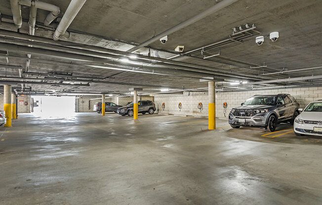 Large covered parking lot with assigned parking.