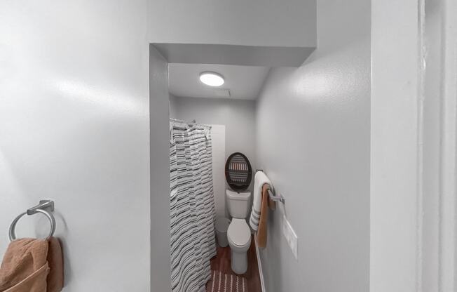 a bathroom with a toilet and a shower and a towel rack