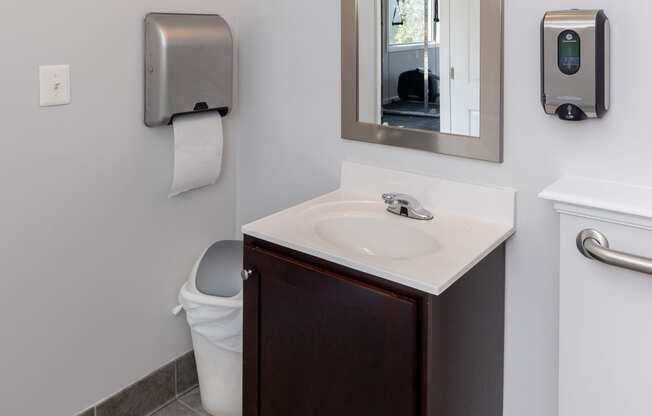 a bathroom with a sink and a mirror and a toilet