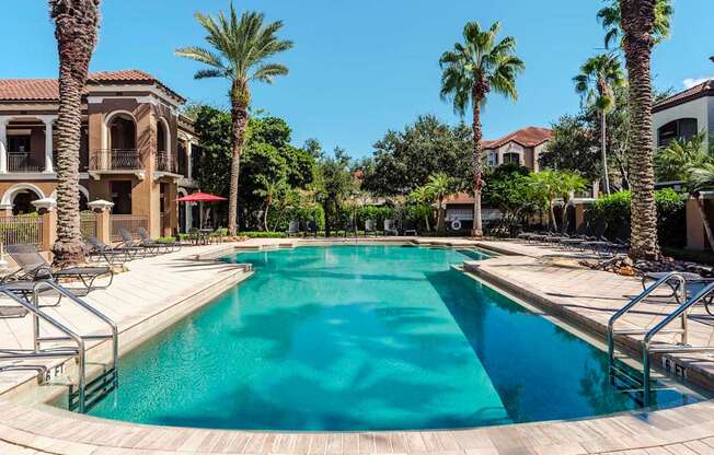 Large lap-style pool with wide sun deck and tall palms