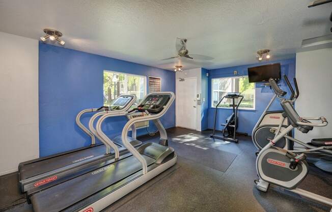 Community fitness center on-site with treadmills, cardio machines and bike.  There are blue accent walls inside the gym room.