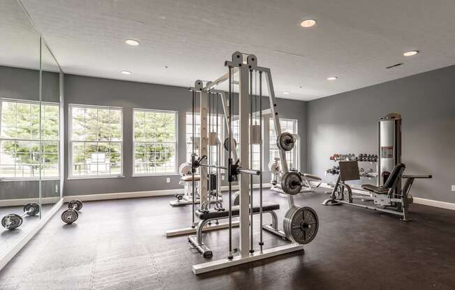 A spacious gym with a variety of equipment including a squat rack, bench press, and dumbbells.