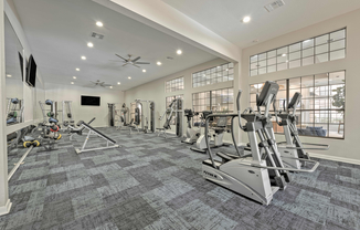 Fitness Center including free weights, punching bag, stair stepper, and cardio equipment overlooking our beautiful pool courtyard.