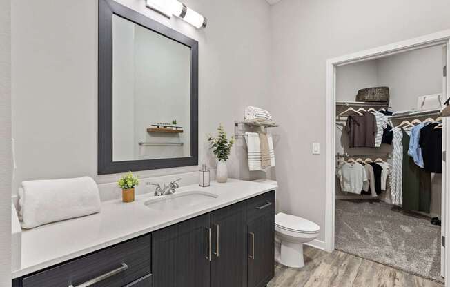 A bathroom with a white countertop and a mirror above the sink.
