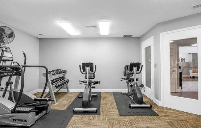 the gym with exercise equipment at the preserve at polk apartments