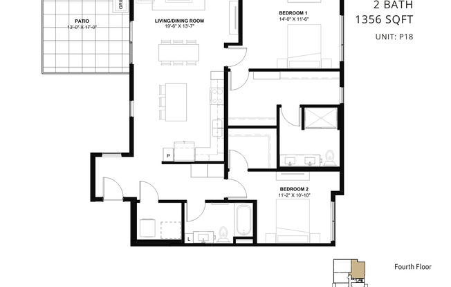 2 beds, 2 baths, 1,356 sqft, $4,295, Unit P18
