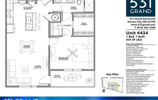 1 bed, 1 bath, 835 sqft, $1,749, Unit 434