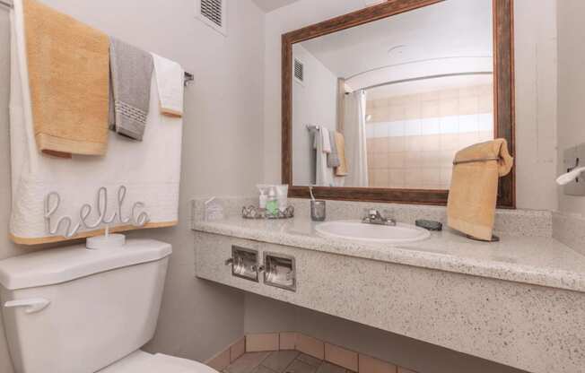 A bathroom with a toilet, sink, mirror, and towels.