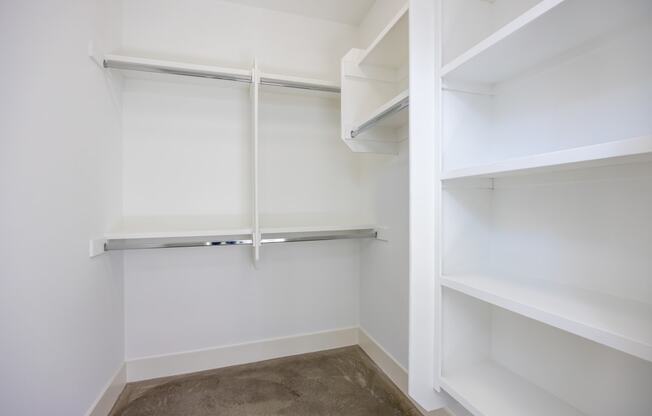 a walk in closet with white shelving and a carpet