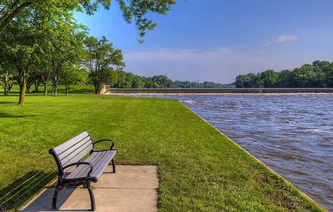Riverside park with benches at Panton Mill Station Apartments,J Street Property Services, LLC, South Elgin, IL