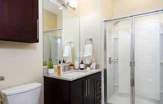 A bathroom with a white toilet, a sink with a mirror above it, and a shower with a glass door.