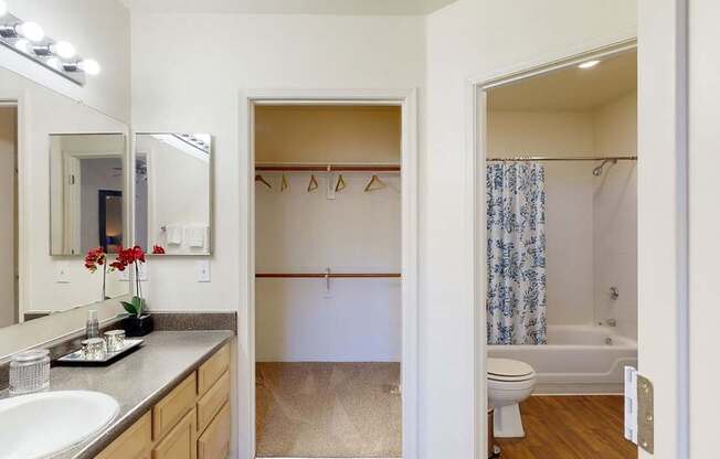 A bright bathroom here at Mirador featuring a spacious vanity with light wood cabinetry, a large mirror with overhead lighting, and a smooth countertop with integrated sink. An open walk-in closet offers built-in shelving and hanging space, while the adjoining bath includes a full tub and shower with a patterned curtain and wood-style flooring.
