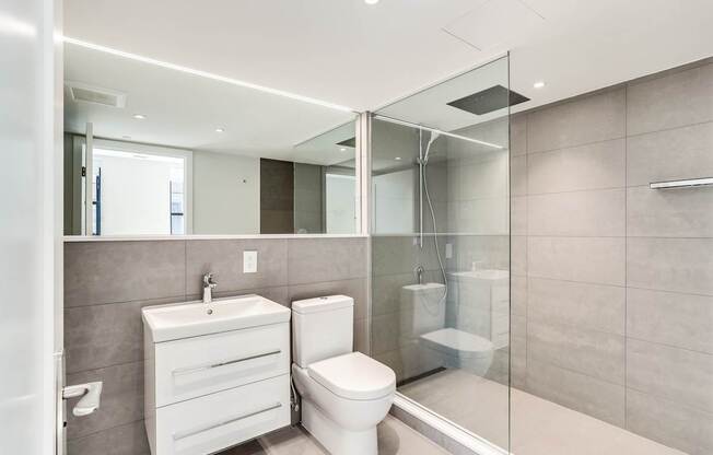 Luxury bathroom with spa inspired shower and extra large mirror