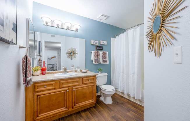 a bathroom with blue walls and a white shower curtain