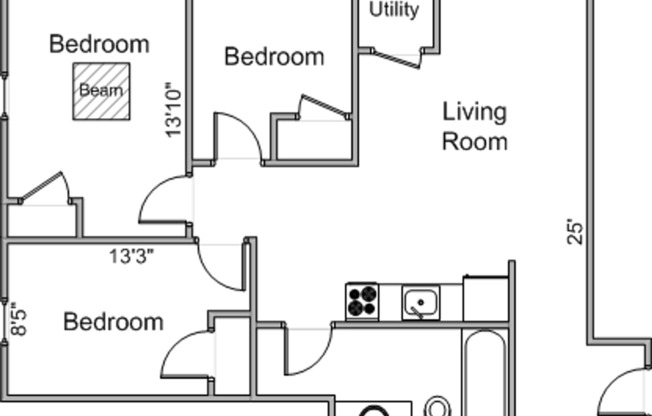 3 beds, 1 bath, 834 sqft, $3,325, Unit 45R-101