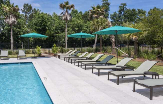 a pool with chaise lounge chairs and umbrellas