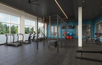 Club-quality fitness studio with spin bikes and personal workout pods at Modera Shoreline in Shoreline, WA.