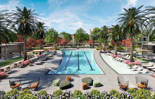 A large outdoor swimming pool surrounded by palm trees and lounge chairs.at Elysium, Phoenix Arizona