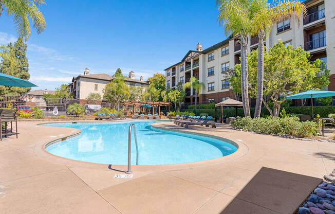 A large swimming pool surrounded by palm trees and lounge chairs.