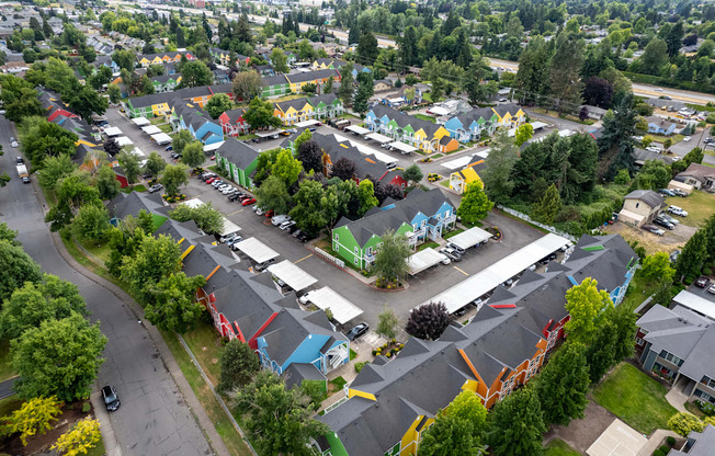 arial view of a neighborhood with colorful houses