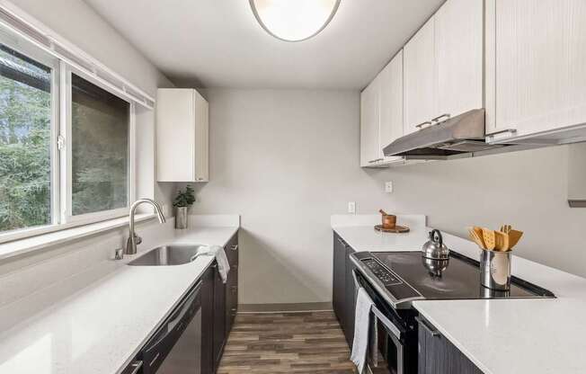 A kitchen with a sink and a window.