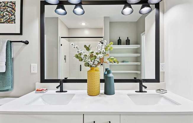 A bathroom with a white countertop and a large mirror above it.