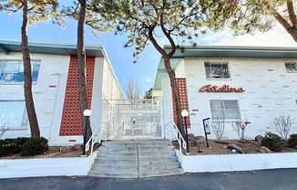 Charming mid-century modern apartment building with unique brick and colorful accents, surrounded by serene landscaping and mature trees.