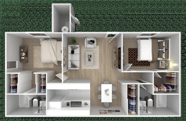 A 3D floor plan of a house with a kitchen, living room, and bedrooms.