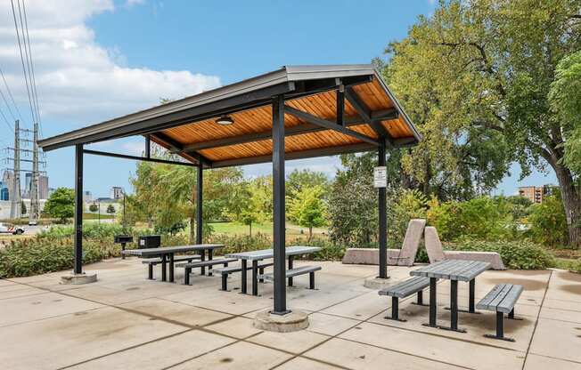 A picnic area with tables and a shelter.