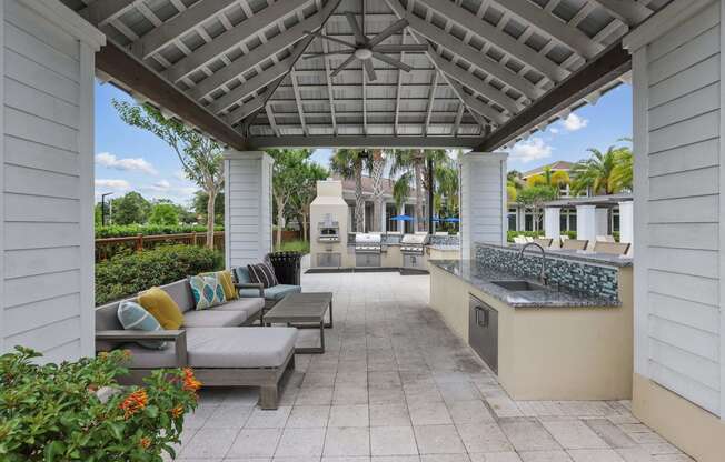 a covered patio with couches and a bar and a grill