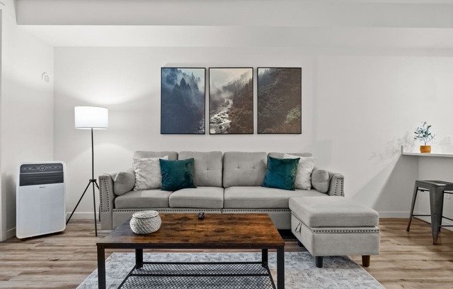 a living room with a couch and a coffee table