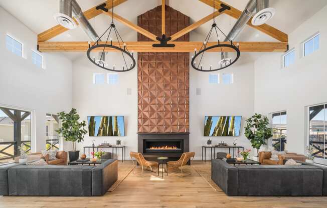 a rendering of a living room with couches and chairs in front of a fireplace